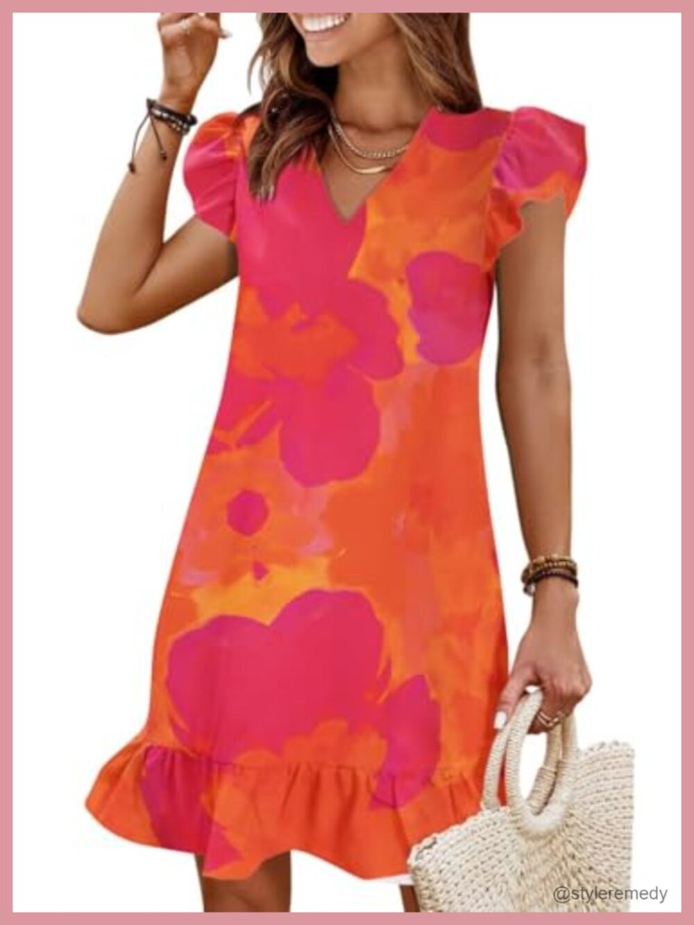 QACOHU Polyester Summer Mini Sundress V-Neck Ruffle Flutter Sleeve Beach